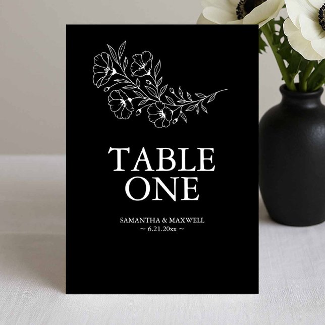 Svartvit Anemone Bröllop-Bordsnummer-kort Inbjudningar (Black and white wedding table cards modern elegant floral line art by Victoria of Do Tell A Belle)