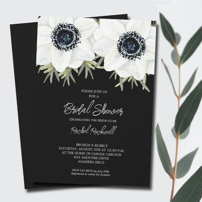 Svartvit Anemones-Blommigt, Möhippa Inbjudningar (Black White Flowers Bridal Shower Invitations - INSTANT DOWNLOAD and/or PRINTED)