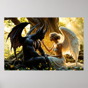 Svartvit ängeldemonisk mystisk skog poster