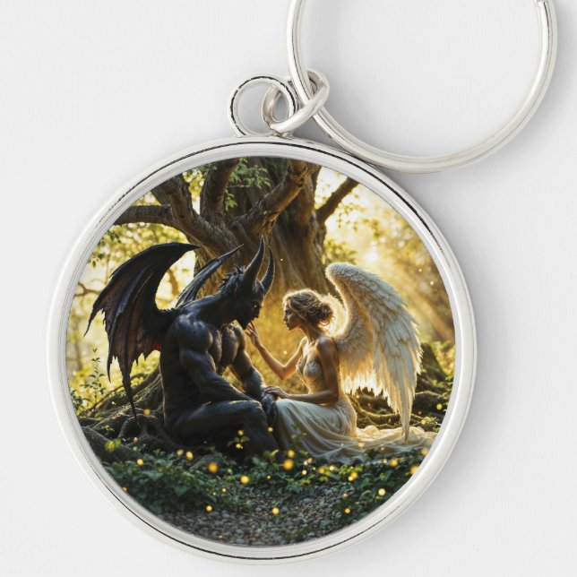 Svartvit ängeldemonisk mystisk skog rund silverfärgad nyckelring (Framsidan)