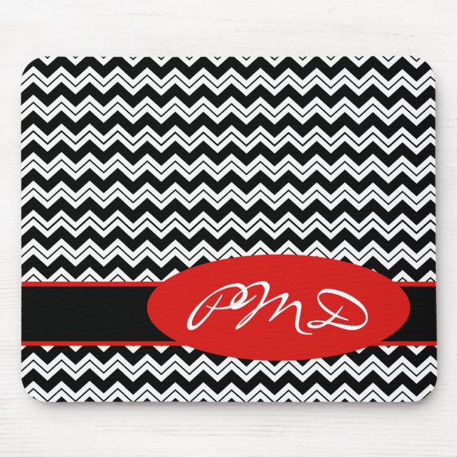 Svartvit Anpassa Monogram Chevron Zizzag Musmatta (Framsidan)
