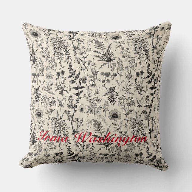 Svartvit antik gammal botanik 3 kudde (Framsida)