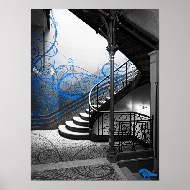 Svartvit Art Deco Stairwell med Blue Poster (Framsidan)
