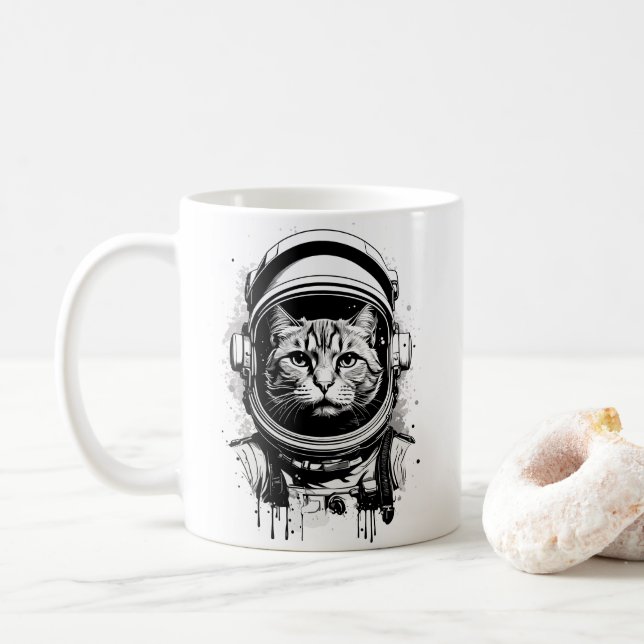 Svartvit astronaut-katt kaffemugg (Med munk)