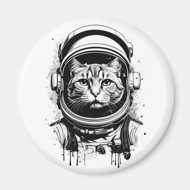 Svartvit astronaut-katt magnet (Framsidan)
