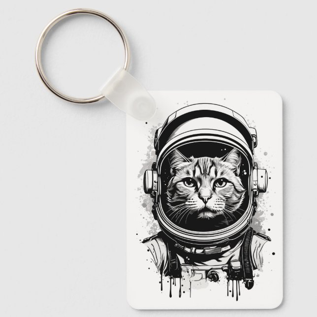 Svartvit astronaut-katt nyckelring (Framsida)