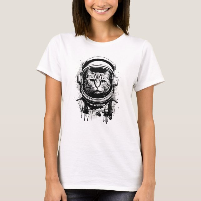 Svartvit astronaut-katt t shirt (Framsida)