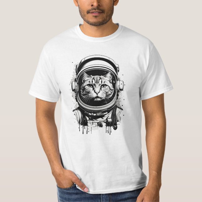 Svartvit astronaut-katt t shirt (Framsida)