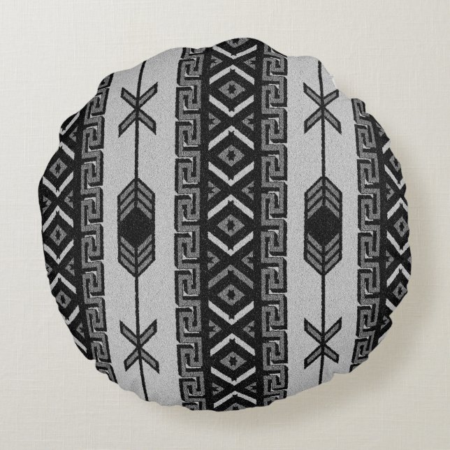Svartvit aztec Mönster sydvästra design Rund Kudde (Baksidan)