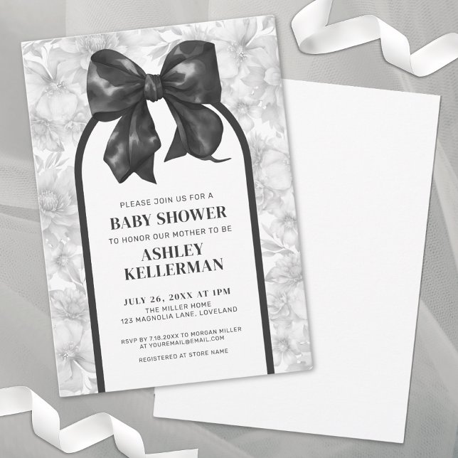 Svartvit babyskiss för Elegant av blommigt Bow Inbjudningar (Floral Bow Elegant Black White Baby Shower Invitation)