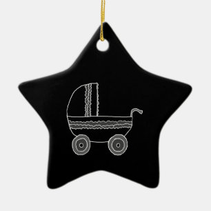 Svartvit babyStroller. Julgransprydnad Keramik