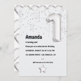 Svartvit ballong 1:a födelsedag Party Inbjudningar