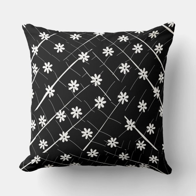 Svartvit banan löv och tropiska blommor kudde (Framsida)