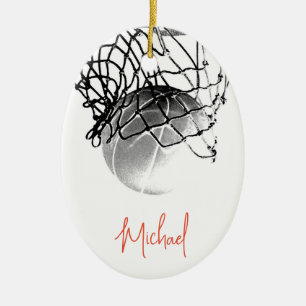 Svartvit basketboll, Boll och ditt namn Julgransprydnad Keramik