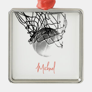 Svartvit basketboll, Boll och ditt namn Julgransprydnad Metall