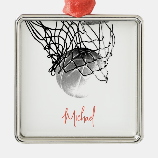 Svartvit basketboll, Boll och ditt namn Julgransprydnad Metall (Framsidan)