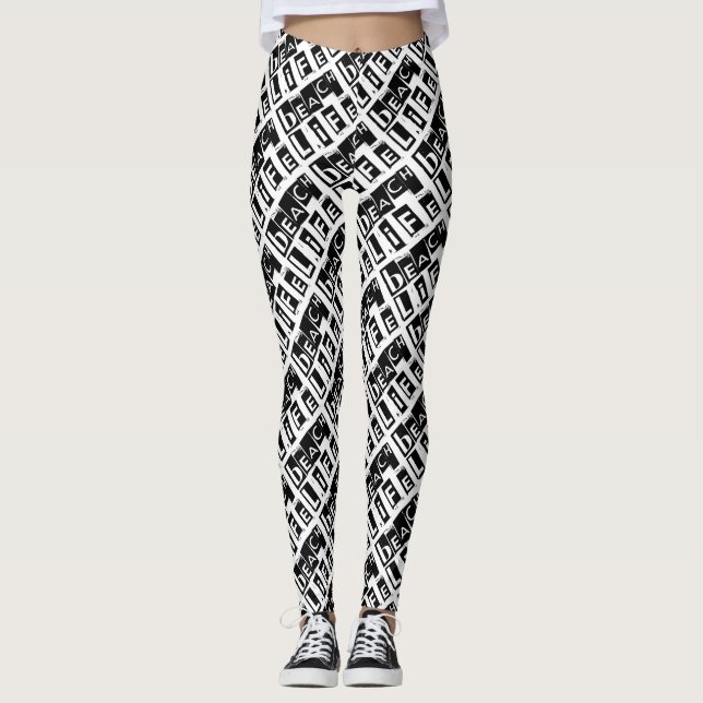 Svartvit Beach Life-text Mönster Leggings (Framsida)