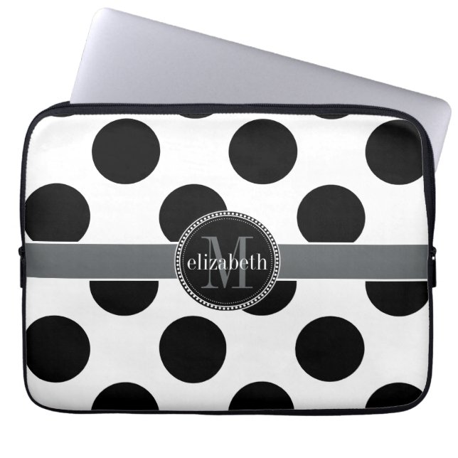 Svartvit Big Polka dots Monogram Laptop Sleeve (Framsidan)