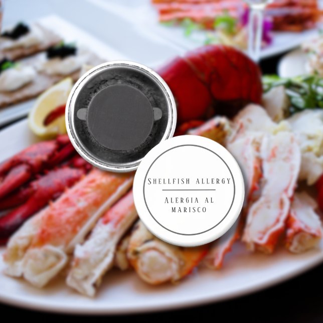 Svartvit Bilingual Allergy to Shellfish Magnet (Black & White Bilingual Allergy to Shellfish button, customizable multilingual project)