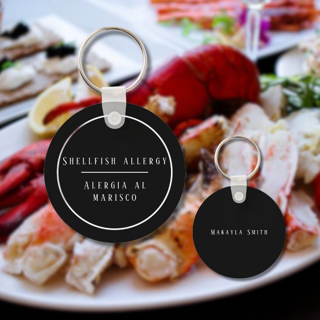 Svartvit Bilingual Allergy to Shellfish Nyckelring (Bilingual Shellfish allergy warning keychain, custom text, Spanish. Multilingual Project)