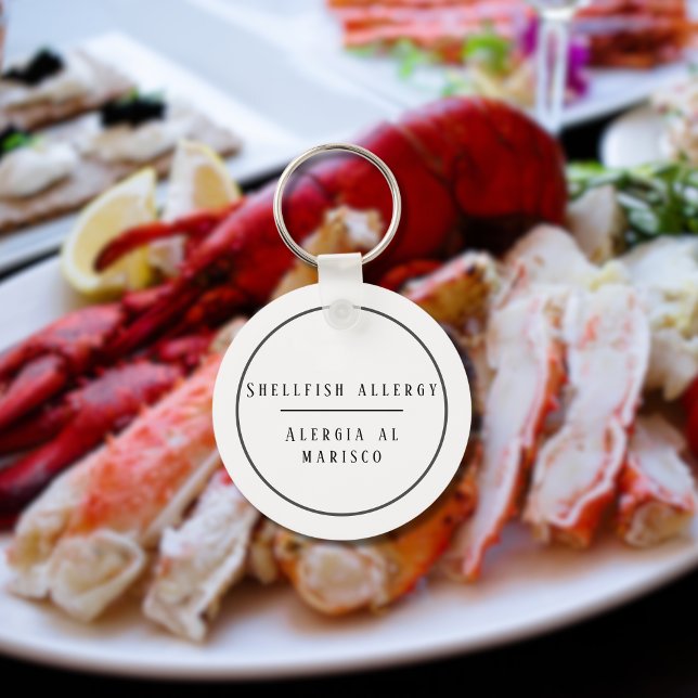 Svartvit Bilingual Allergy to Shellfish Nyckelring (Bilingual Shellfish allergy warning keychain, customizable name & text. multilingual project)