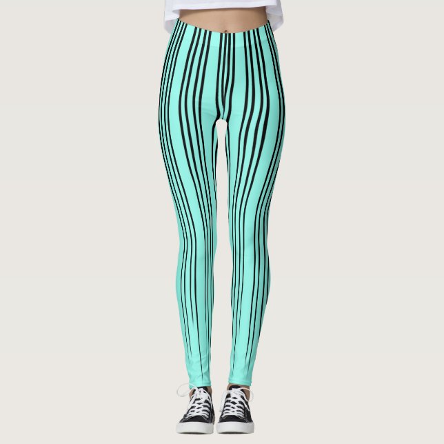 Svartvit/blåfärgad linje Mönster Leggings (Framsida)
