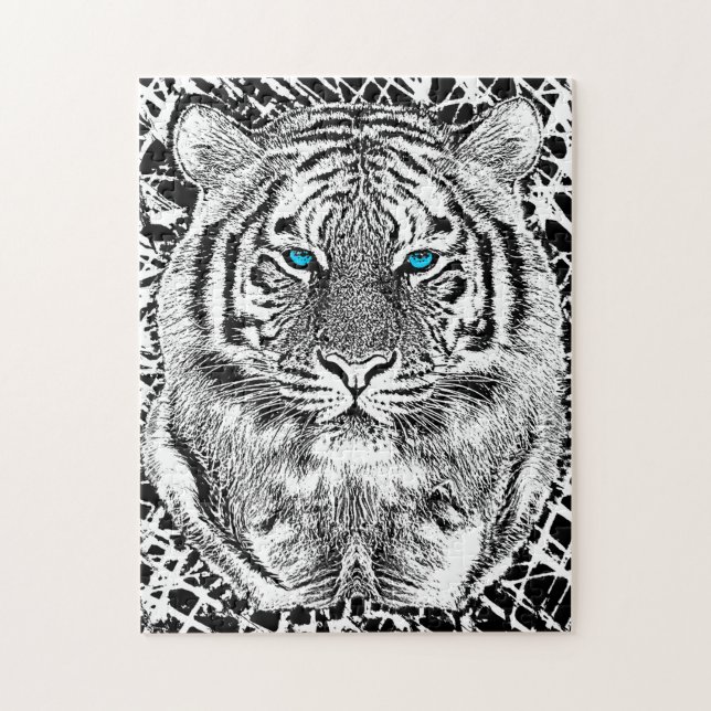 Svartvit blått synar den grafiska tigern pussel (Vertikal)