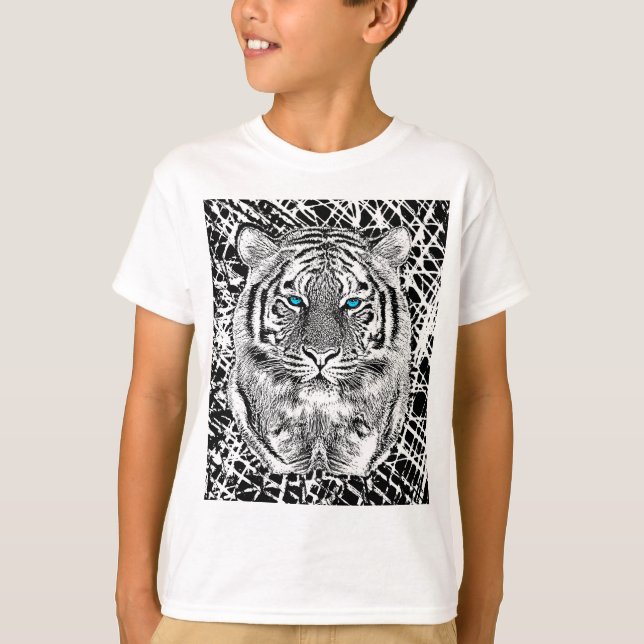 Svartvit blått synar den grafiska tigern tee shirt (Framsida)