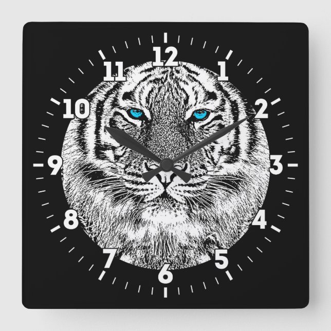 Svartvit blått synar tigerdesign på a fyrkantig klocka (Framsida)