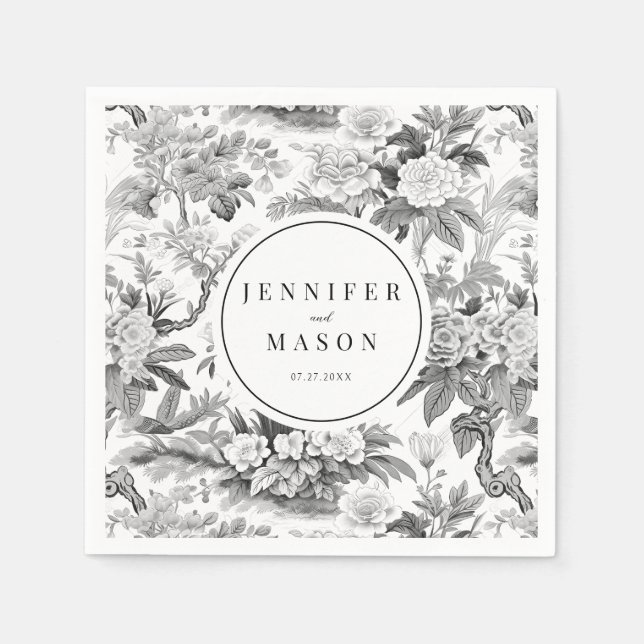 Svartvit blomma bröllop monogram pappra blöjor pappersservett (Framsidan)