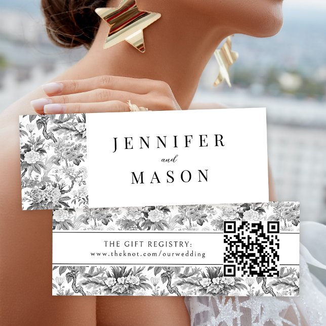 Svartvit blomma bröllop QR-registerkort Litet Visitkort (Skapare uppladdad)