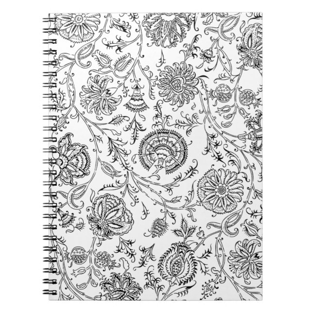 Svartvit blomma Mönster Anteckningsbok Med Spiral (Framsidan)