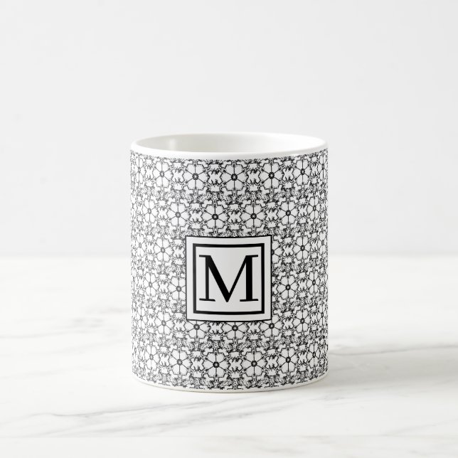 Svartvit blomma Mönster Monogram Mugg (Center)