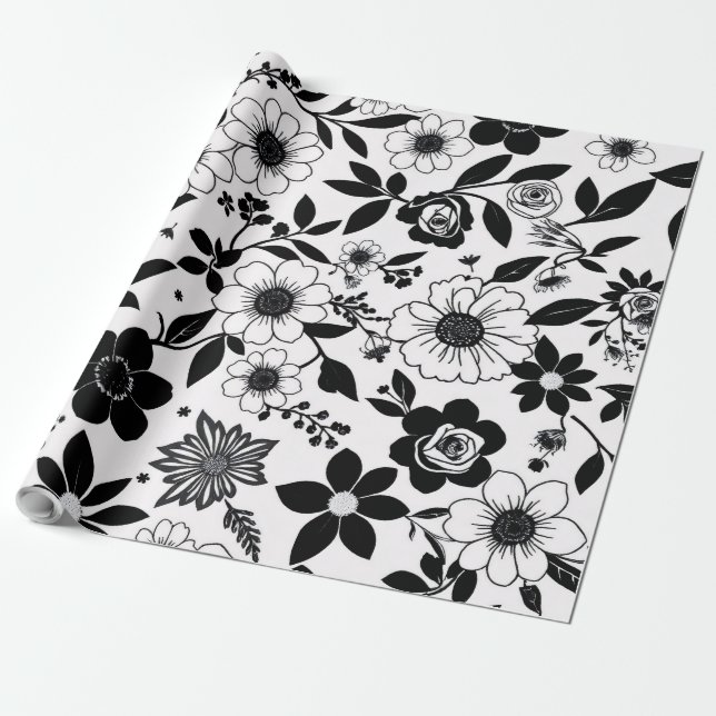 Svartvit blomma presentpapper (Utrullad)