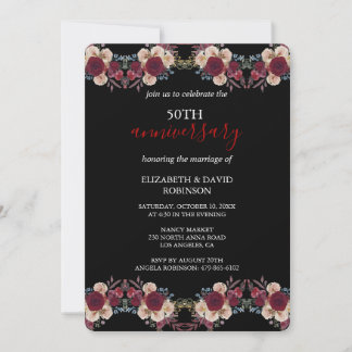 Svartvit blommigt 50:e bröllop-årsdagen inbjudningar