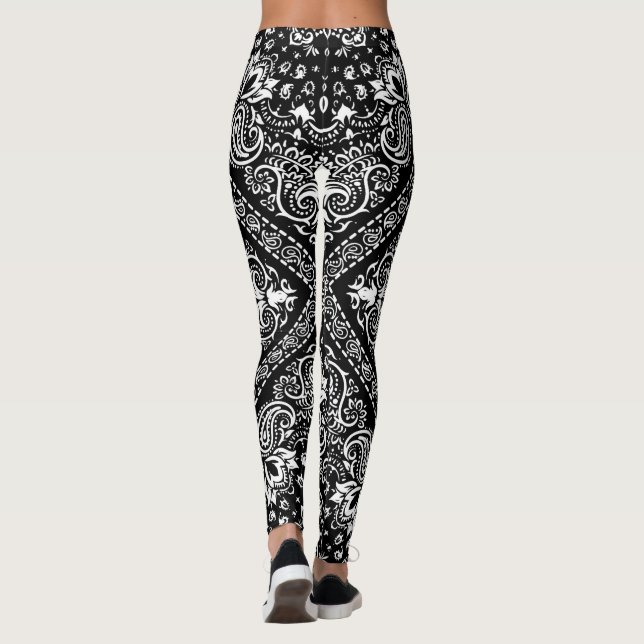 Svartvit Blommigt Bandana Boho Leggings (Baksida)