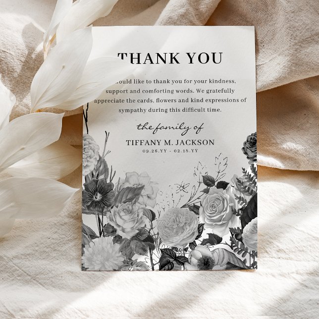 Svartvit Blommigt Bereavement Funeral Tack Kort (Skapare uppladdad)