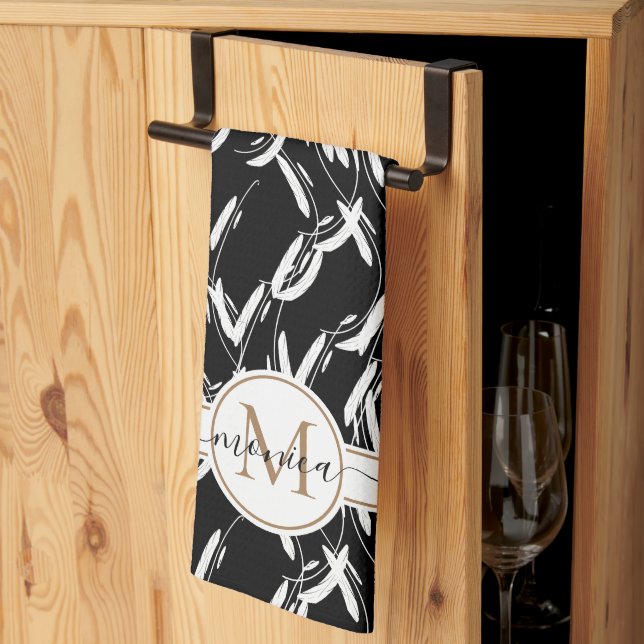 Svartvit Blommigt Botanical Guld Monogrammed Kökshandduk (Thirds Fold)