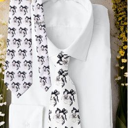 Svartvit Blommigt Botanical Lily Snöre Ribbon Tie Slips