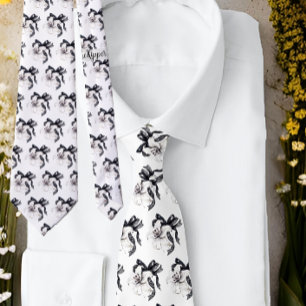 Svartvit Blommigt Botanical Lily Snöre Ribbon Tie Slips