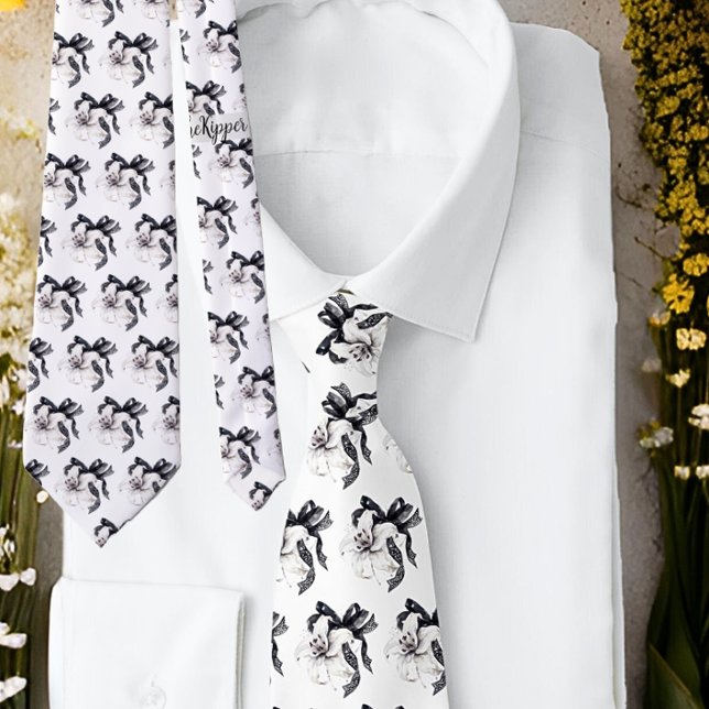 Svartvit Blommigt Botanical Lily Snöre Ribbon Tie Slips (Skapare uppladdad)
