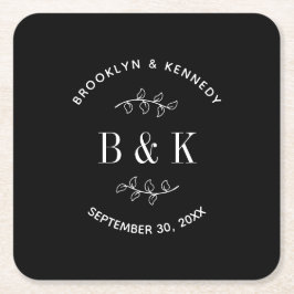 Svartvit Blommigt botaniskt monogram par Namn Underlägg Papper Kvadrat