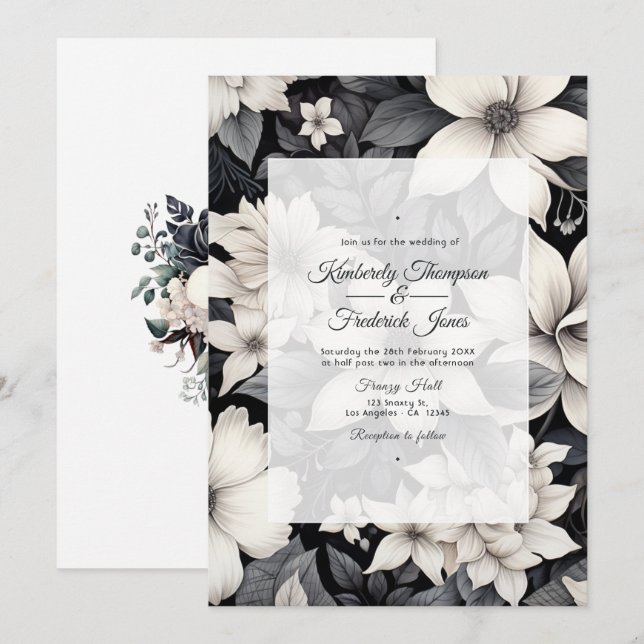 Svartvit Blommigt Bröllop Inbjudningar (Fram/baksida)