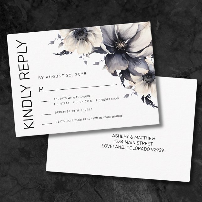 Svartvit Blommigt, Bröllop OSA Tilläggskort (Black White Modern Floral Wedding RSVP Enclosure Card)