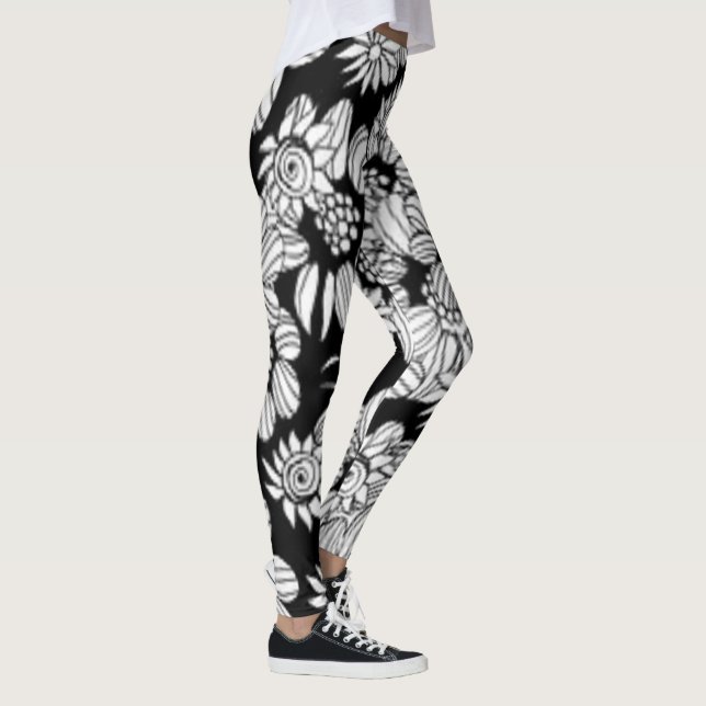 Svartvit Blommigt Comfy Yoga Byxor Leggings (Höger)