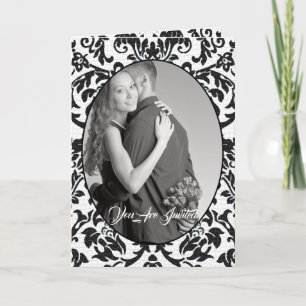 Svartvit Blommigt Damask Photo Bi-fold Bröllop Inbjudan