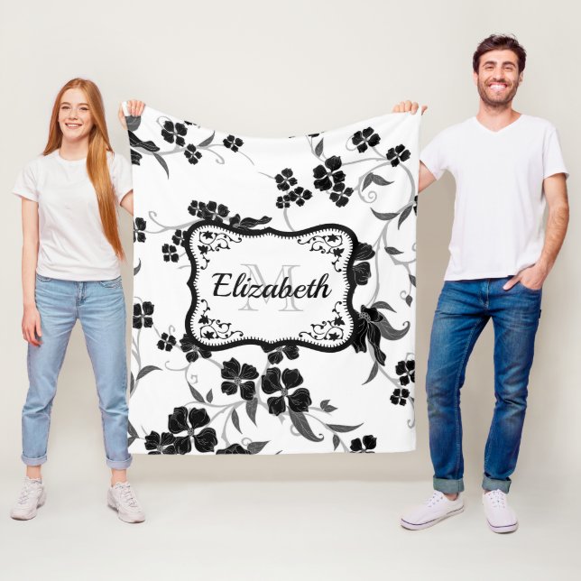 Svartvit Blommigt Fleecefilt (På plats)