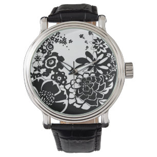 Svartvit Blommigt Garden Graphic Mönster Armbandsur