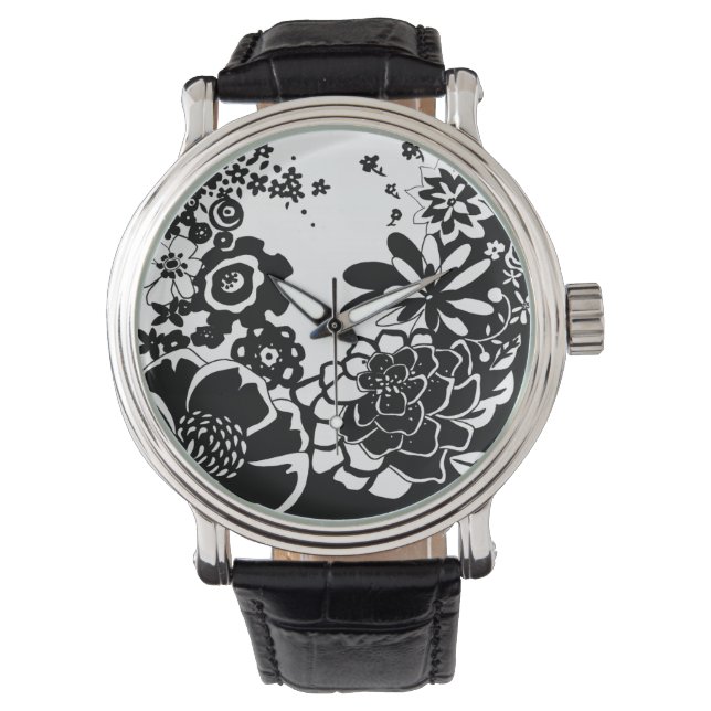 Svartvit Blommigt Garden Graphic Mönster Armbandsur (Framsida)