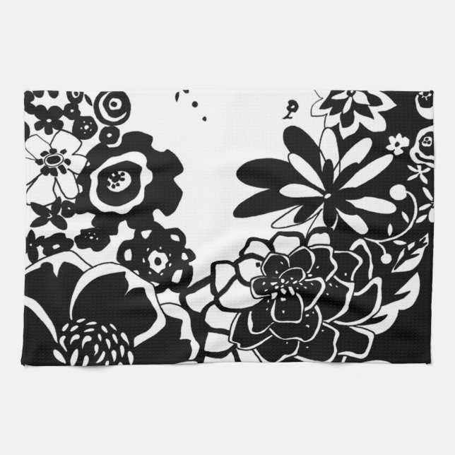 Svartvit Blommigt Garden Graphic Mönster Kökshandduk (Horisontell)